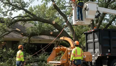 Emergency tree service crew removing storm-damaged tree in South Burlington, VT