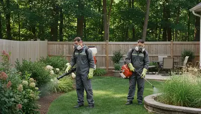 Tick control service technician treating a South Burlington, VT yard to reduce ticks around the property