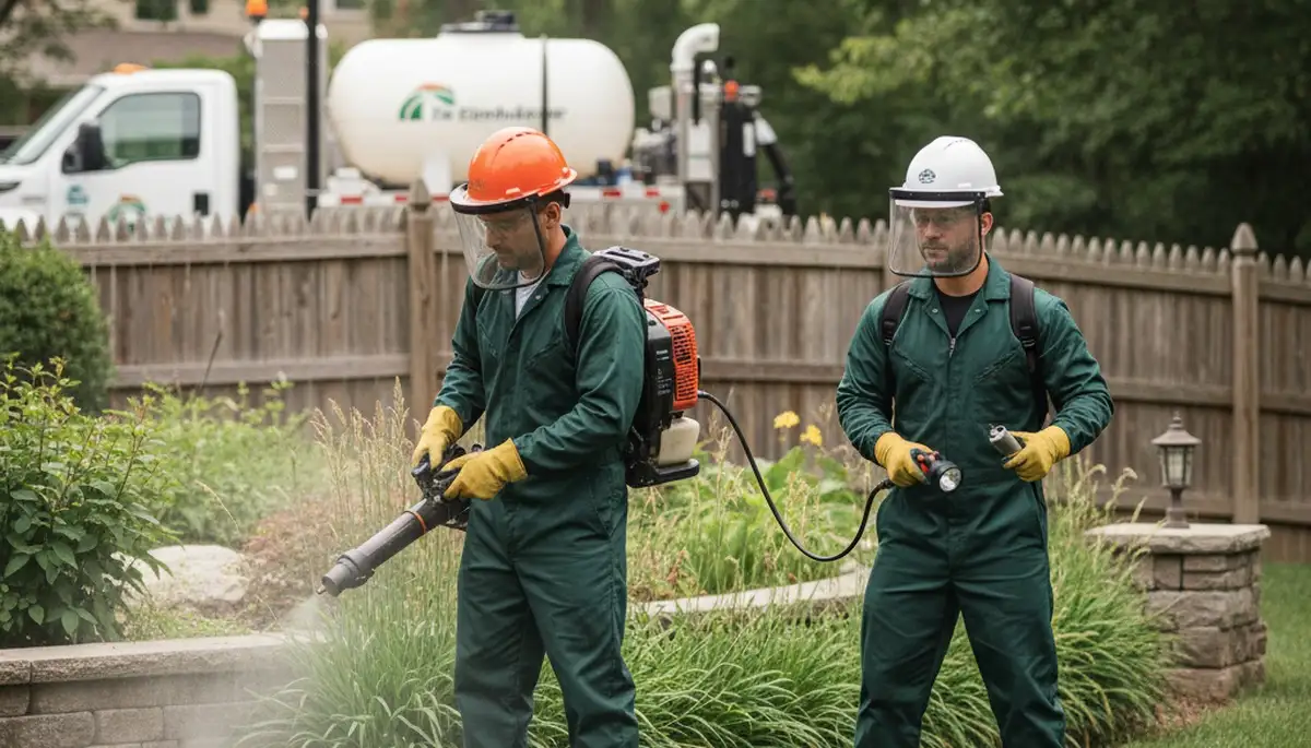 Tick control technician treating a South Burlington, VT property for safer outdoor spaces