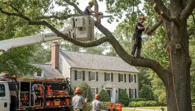 Tree service crew working in South Burlington, VT on professional tree trimming and removal service