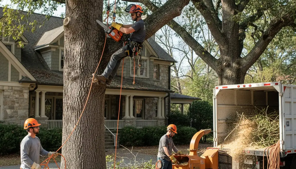 Tree service crew in South Burlington, VT trimming and removing trees for a residential property