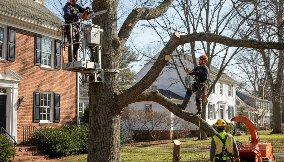 Tree service crew in South Burlington, VT performing professional tree care for a local property