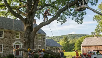 Tree service crew in South Burlington, VT performing professional tree care for a commercial property