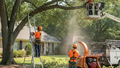 Tree crew trimming a residential tree in South Burlington, VT for safe, professional maintenance