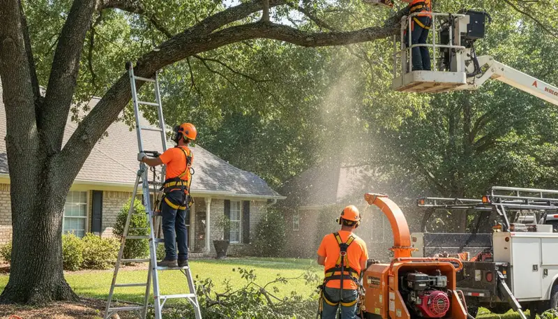 Tree crew trimming a residential tree in South Burlington, VT for safe, professional maintenance