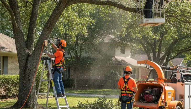 Tree service crew trimming trees in South Burlington, VT for safe, professional maintenance